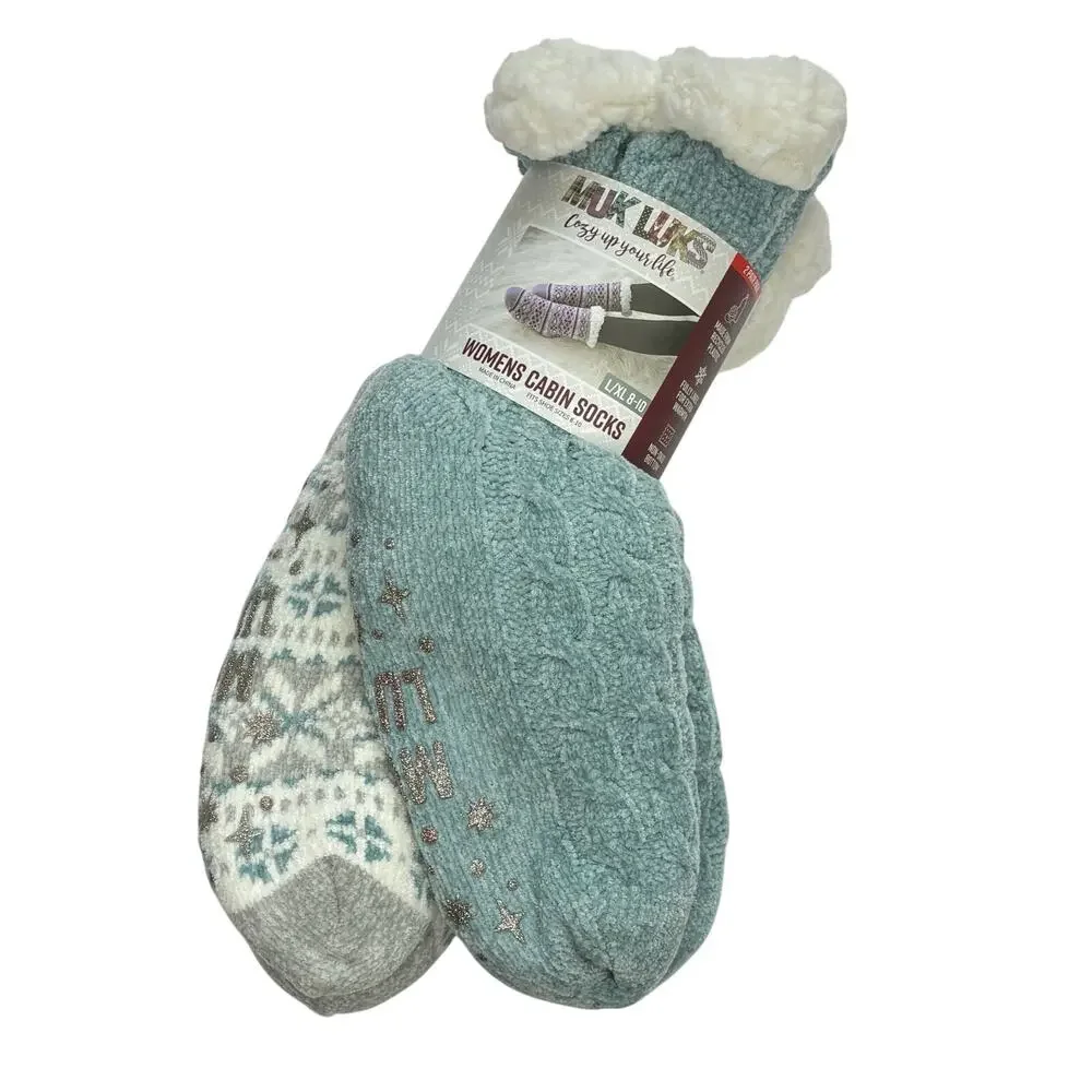 Muk Luks 2 Pair Women's Cabin Socks Blue Gray Fair Isle L/XL (8-10) NWT